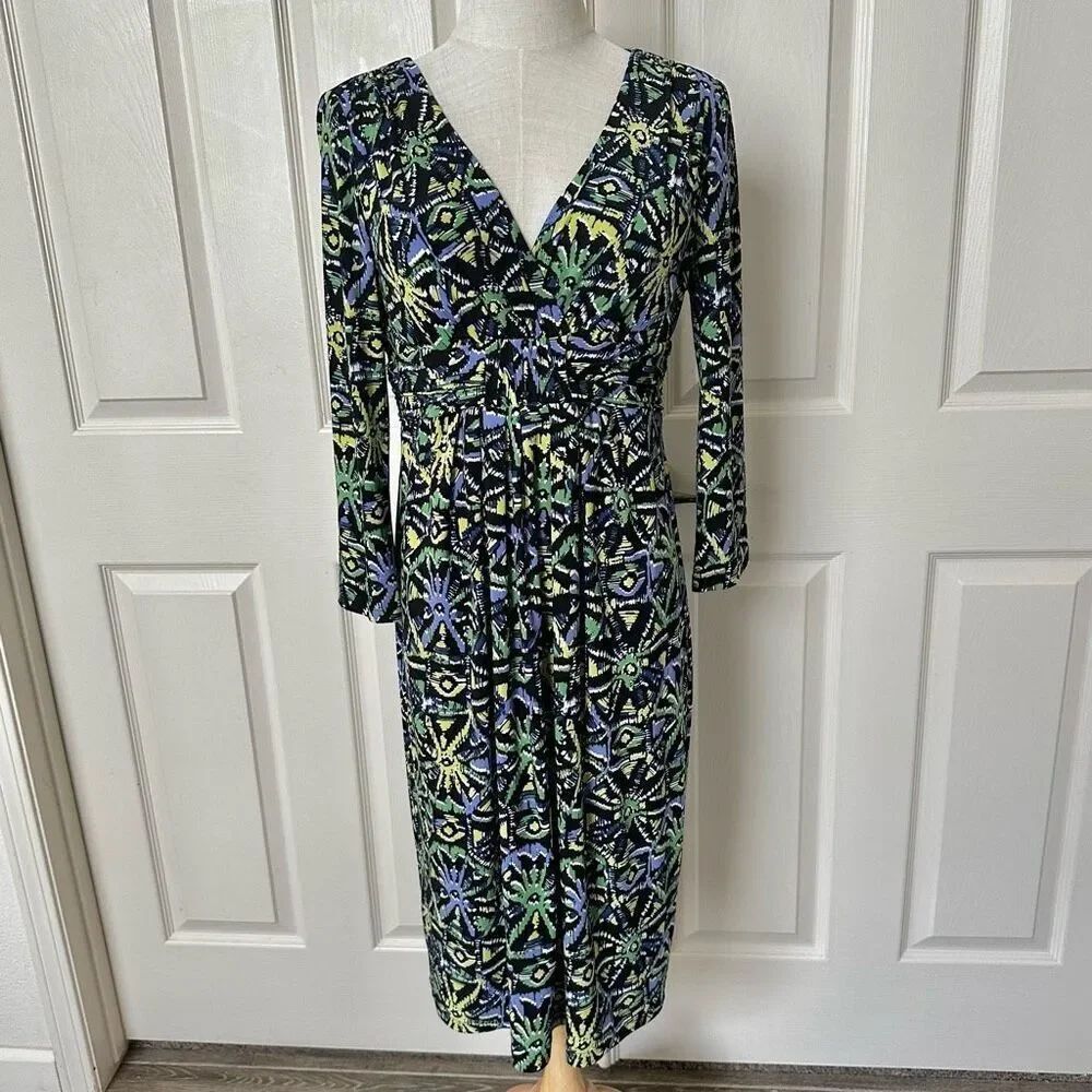 Jones New York purple green black sheath dress